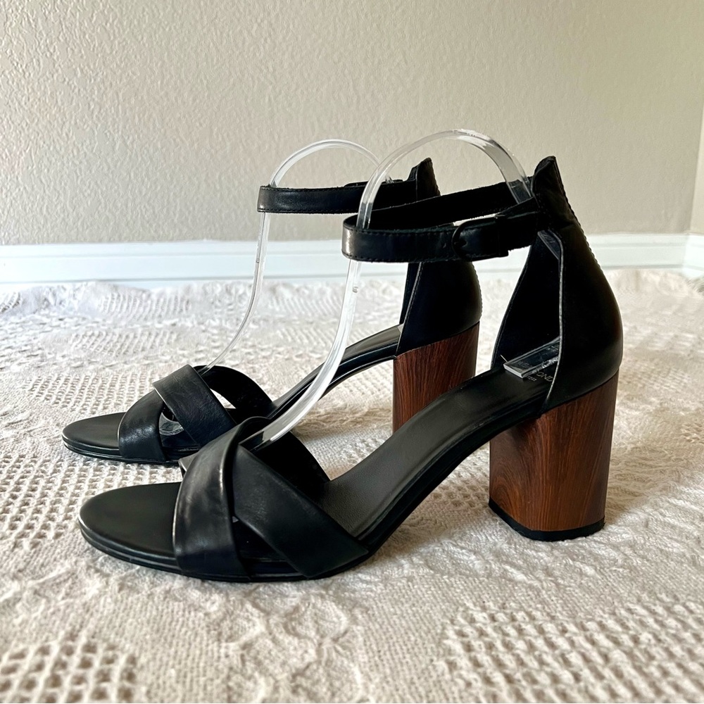 Vagabond Shoemakers Black Leather Faux Wood Block Heel Ankle Strap Size 9.5